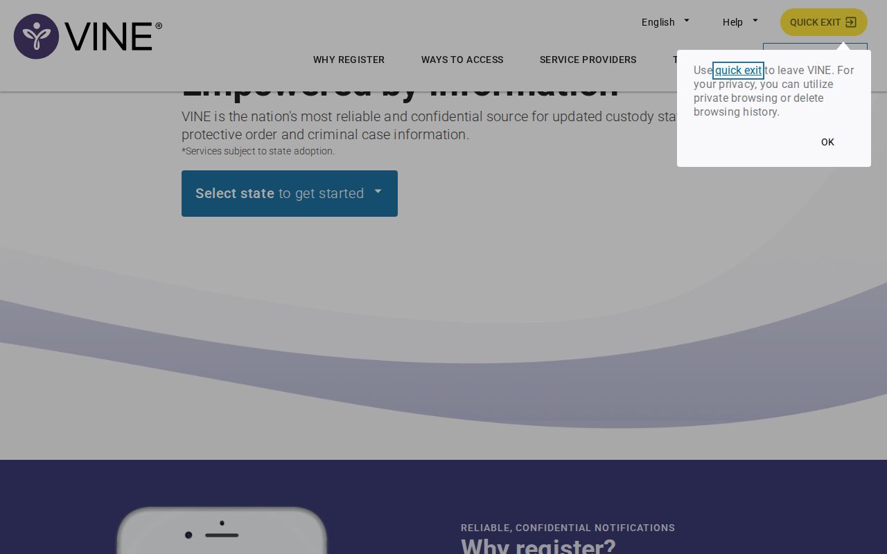 VINELink state selection and inmate search screen