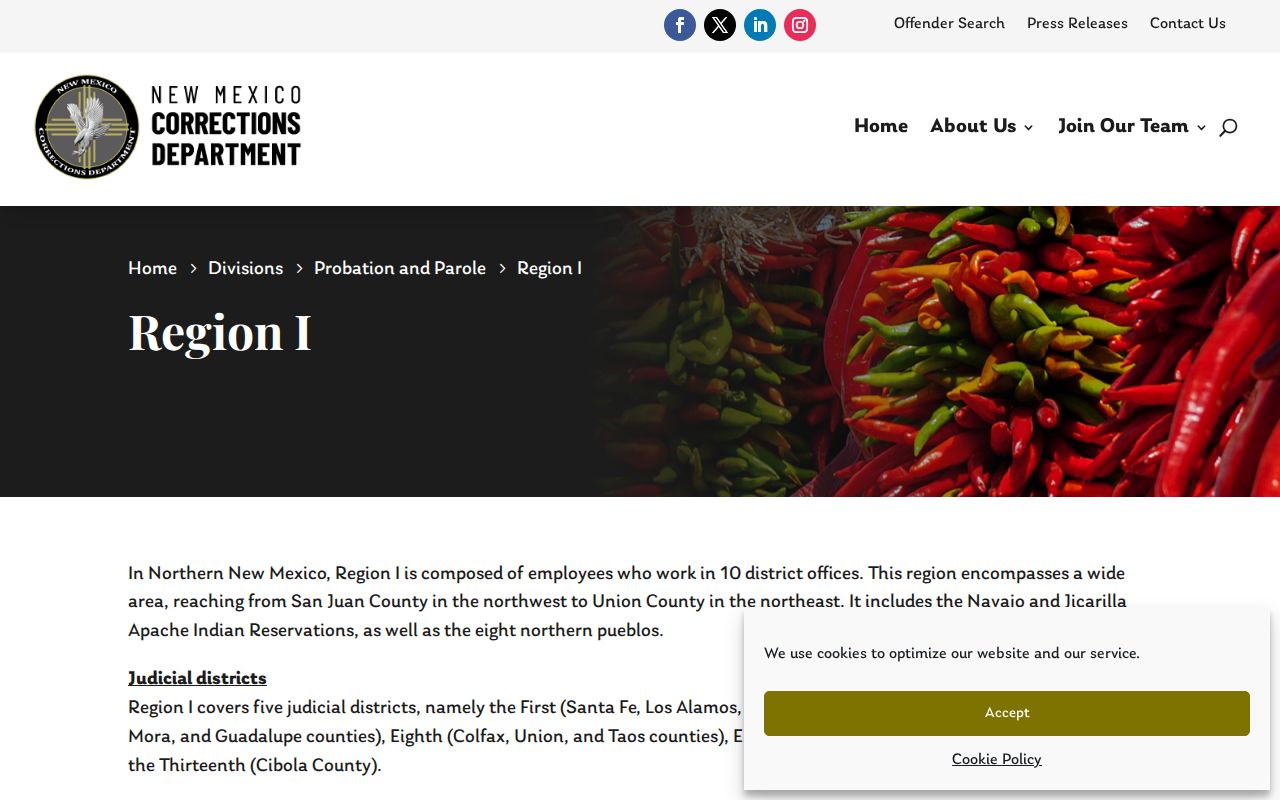NMCD Region I page listing the Gallup probation and parole office